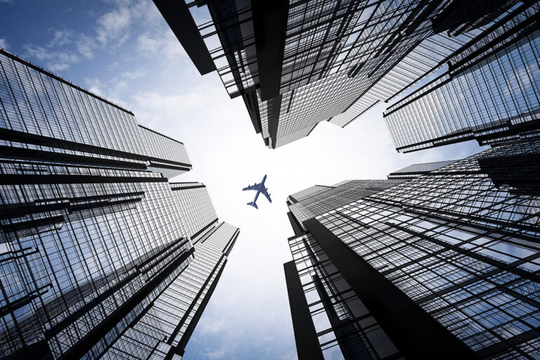 Airplane plying in business district area, skyscrapers - 3D illu