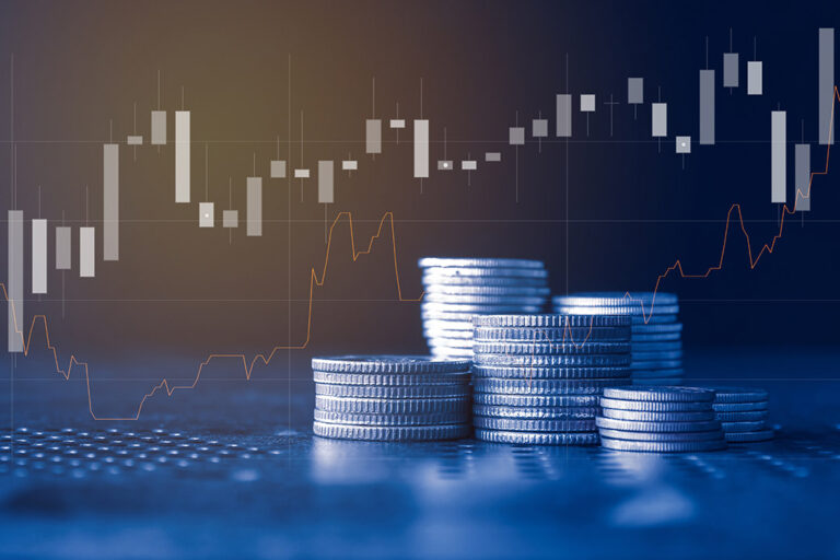 Stack of money coin with trading graph, financial investment con